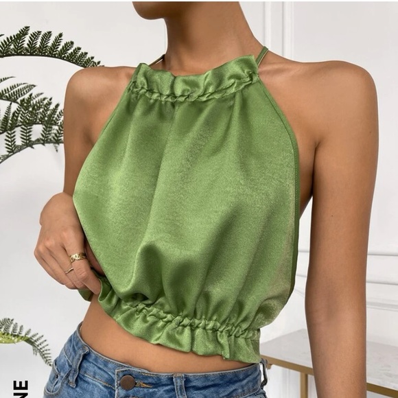 Green satin open back halter top - Picture 4 of 5